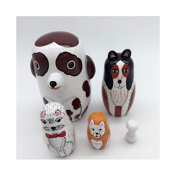 5 st handmålade prickade Dog Matryoshka häckande dockor
