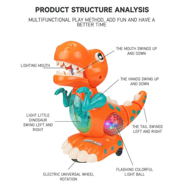 Dreng lyser op musikalsk kravlende dinosaur mave tid elektrisk legetøj orange
