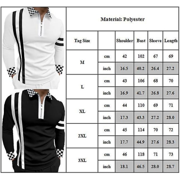 Herrar Zip Krage Casual Skjorta Långärmad Randig Rutiga Tryckt Toppar Black M