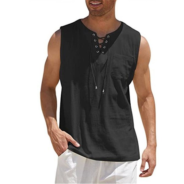 Herre middelalderlige renæssance vikinge pirat tanktop skjorter Casual ærmeløse snørebånd strand hippie toppe Black M