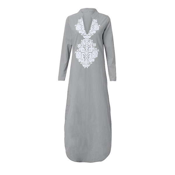 Kvinners trykte langærmet V-hals kjole med splitt i kant, løs kaftan lang kjole Gray XL