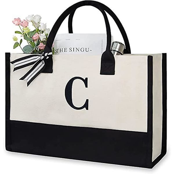 Personlig Initial Canvas Strandtaske, Monogrammet Gave Tote Taske Til Kvinder C