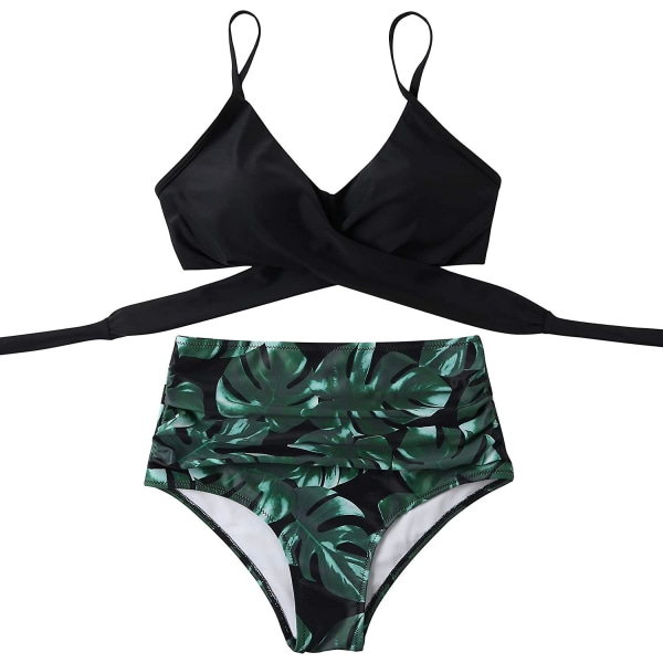 Dame Criss Cross Push Up Badedrakt Topper Magekontroll Halter Bikini Høy Livet Badetøy Todelt Black Green Large