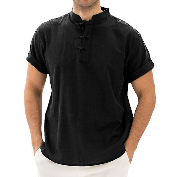 Herrar Sommar Casual Kortärmad Retro Enfärgad Skjorta Toppar Black L