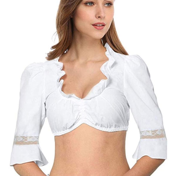 2023 Dirndl bluse med flæser hvid - traditionel elegant bayersk oktoberfest cropped bluse hg White L