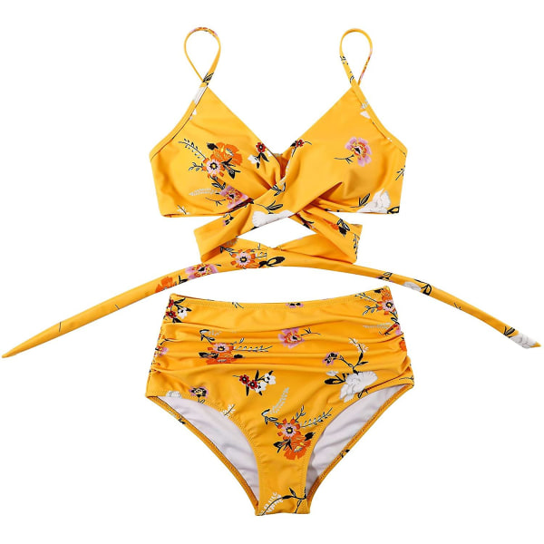 Dame Criss Cross Push Up Badedrakt Topper Magekontroll Halter Bikini Høy Livet Badetøy Todelt Yellow-5 Large