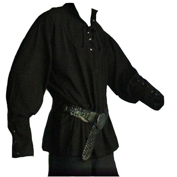 Herre middelaldersk retro piratkostyme Langermet bluse skjorte V-hals blonderskjorte topper Black 3XL