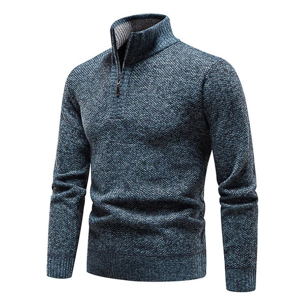 Høy halsgenser for menn med glidelås, lang ermet, strikket pullover Blue L