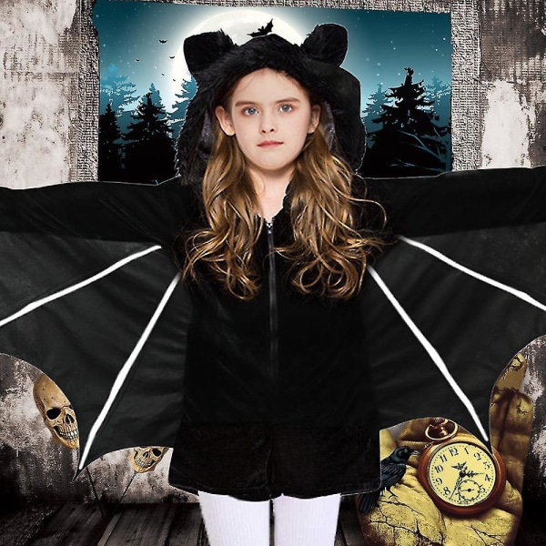 Fleeceflagermuskostume til børn - Blødt flyvende flagermuskostume med skelet-overdel Children 120