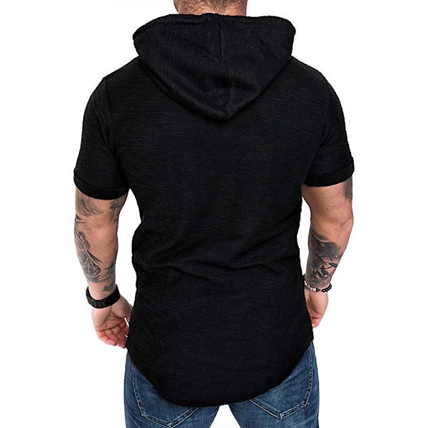 Miesten pelkkä lyhythihainen hupullinen T-paita Kesä casual urheiluhupparit Topit Black 2XL