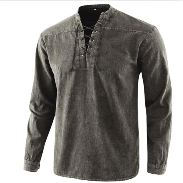 Vintage skjorta för män Långärmad Casual V-ringad snörning Toppar med dragsko Retro skjortor Grey L