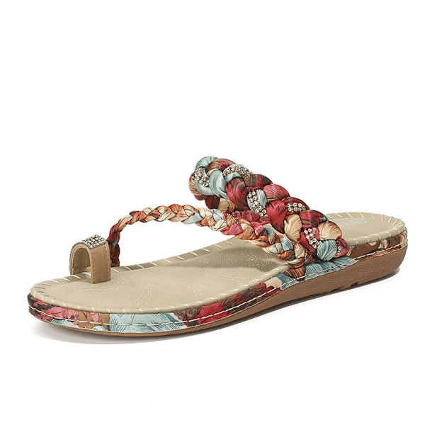 Sommarsandaler för dam 2025 Boho Chic - Bred klack med strass och träpärlor 37