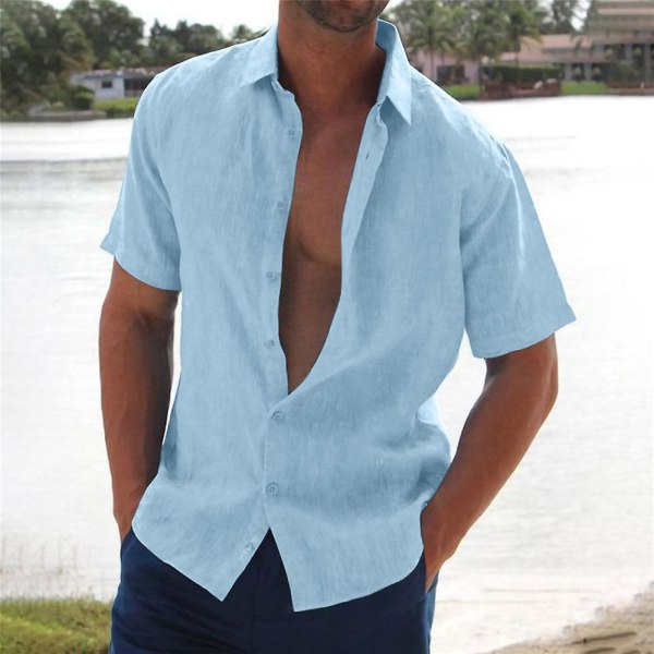 Herreoverdele Sommer Casual Ensfarvede Kortærmede Business-skjorter Light Blue 2XL