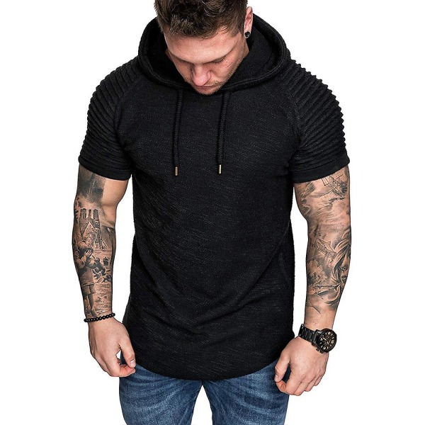 Herre plisserte kortermet hette T-skjorte Sommer Casual Sports Hettegensere Topper Black 3XL