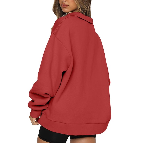 Dame Casual Tops Sweatshirts Løse Langærmede Enfarvet Trøje Red 2XL