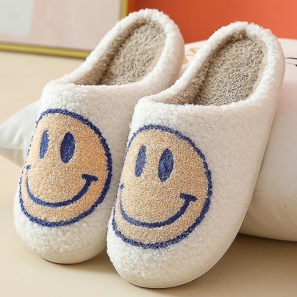 Retro Smilende Ansikt Myk Plysj Behagelig Varm Slip-on tøfler Kompatibel med par Vintervarme innendørsutstyr -ES 37-38 Blue white