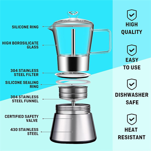 Moka Induksjonstopp Espressokoker, Glass-Topp & Rustfritt Stål Espresso Moka Kjele, Klassisk Italiensk Kaffetrakter, 240ml