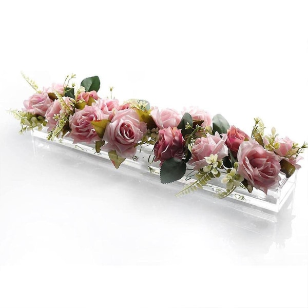 Klar akryl blomstervase rektangulært blomster midtpunkt for spisebord, lang rektangel akryl vase for hjemme bryllup spisebord dekor Without lights S