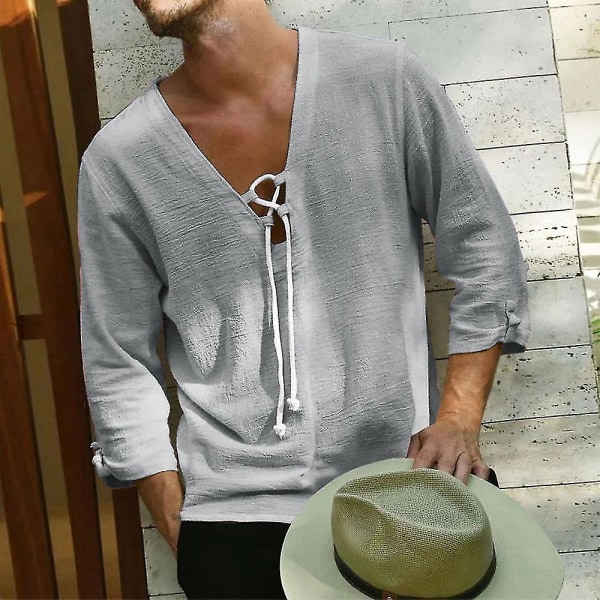 Herre sommer V-hals snøreskjorter Casual Holiday almindelige skjorter Toppe Grey XL