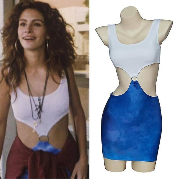 Film Pretty Woman Julia Roberts Cosplay Vivian Ward Sexig blå bar midja Tie-dye Cutout Klänning -ge XS