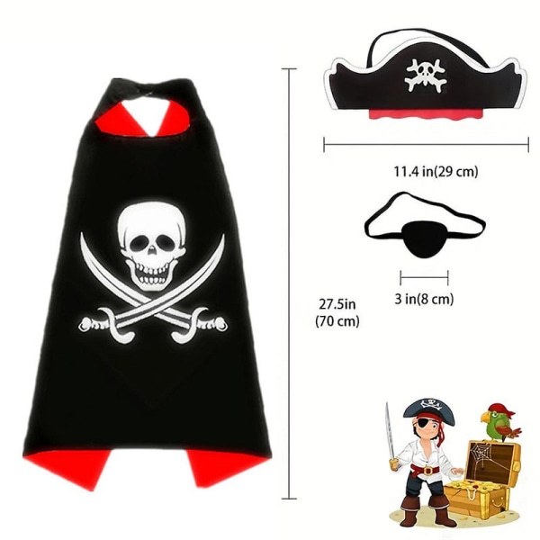 Piratkostume til børn, klassisk piratkappe Cosplay Cape skeletkappe+hat+øjenlapper til Halloween festgaver-D