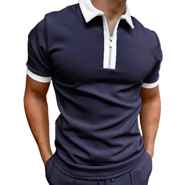 Herr pikétröja kortärmad sommar dragkedja krage golf toppar Navy Blue 2XL