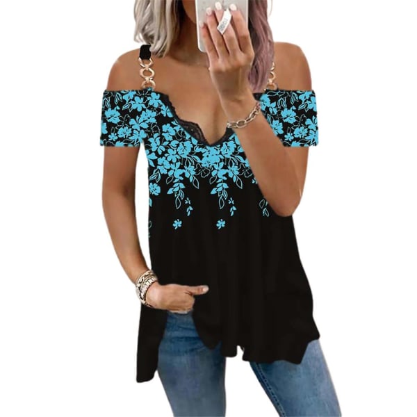 Plus Size Kvinder Floral Kold-skulder V-hals T-shirt Sommer Casual Toppe Blue XL