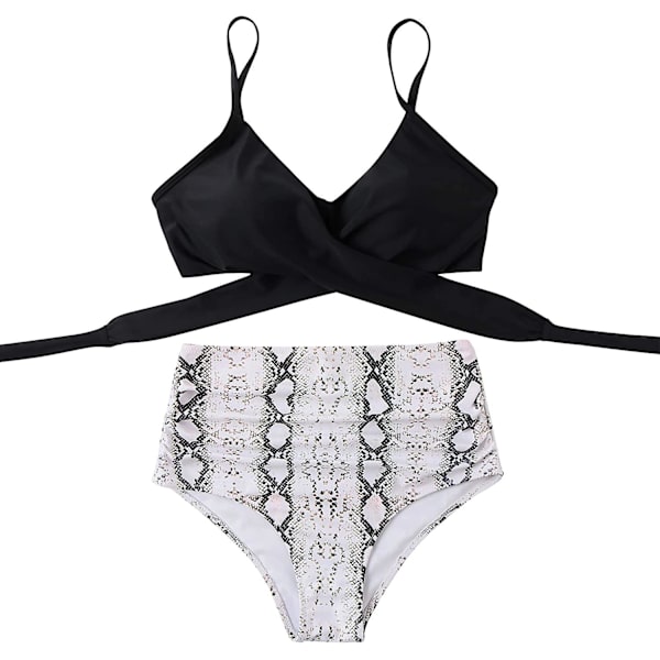 Kvinder Criss Cross Push Up svømmeoverdele Mavekontrol Halter Bikini Højtaljede badedragter Todelte badedragter Black-white Large