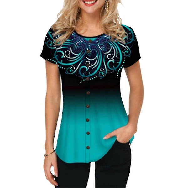Dam T-shirt med Gradienter och Knappar, Kortärmad, Sommar, Casual Toppar Green 2XL