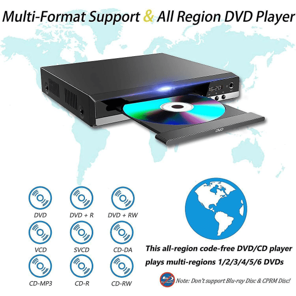 DVD-spillere kompatibel med TV med HDMI, DVD-spillere som spiller alle regioner, CD-spiller kompatibel med hjemmestereosystem, HDMI og Rca-kabel inkludert