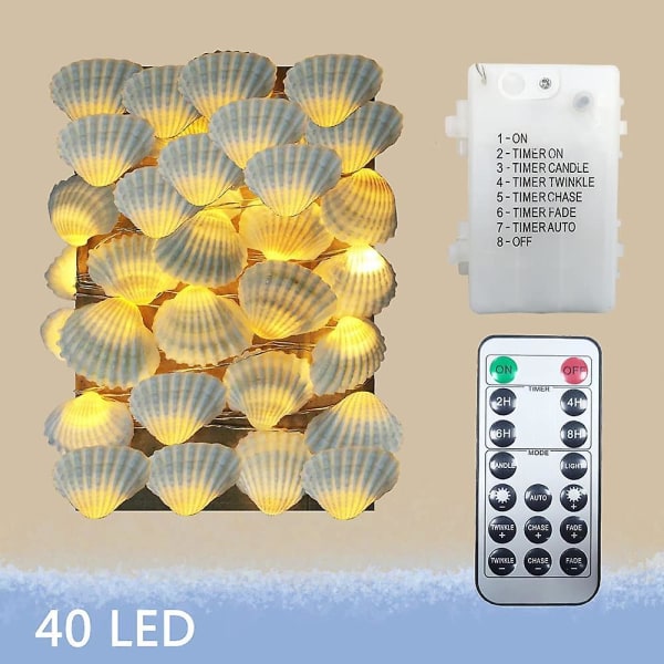 Ocean Real Seashell 0,8"(h) 40 Led String Lights 13,85ft Batteridrevet Vanntett Varm Hvit Med Timer Og Fjernkontroll For Strandtema Dekor B