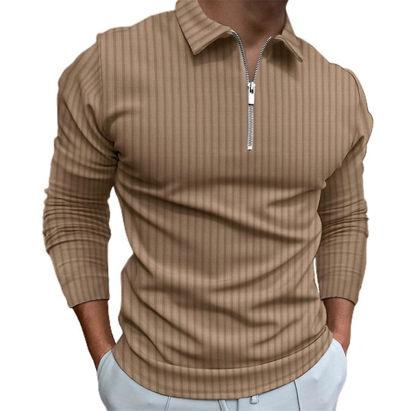 Menn Topper Glidelås Lang Erme Stripete Golf Casual Polo Skjorter Khaki 3XL