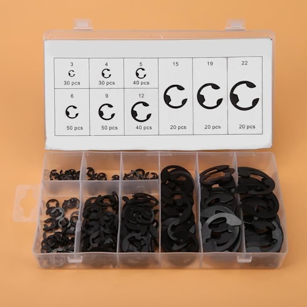 Kiinnitysrengas, Laadukas metallirengas E-klipsillä E-rengasvalikoima 3mm-22mm musta, laatikko -h