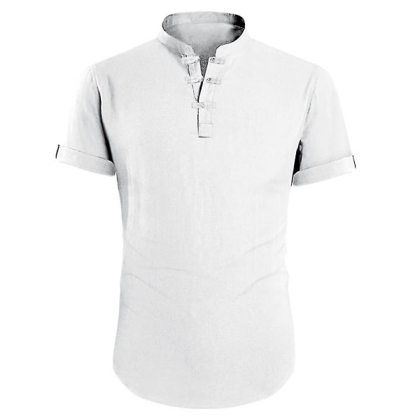 Herre sommer afslappet kortærmet retro almindelig skjorte toppe White M