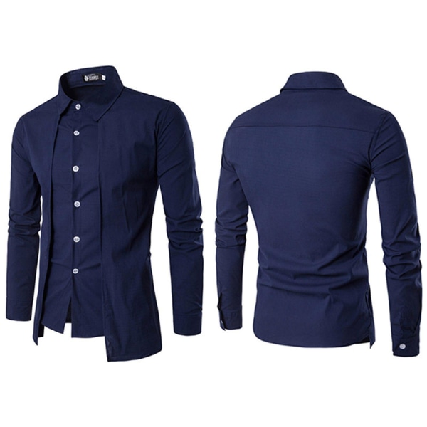 Langermet skjorte for menn Formell forretningsskjorte Navy Blue 2XL