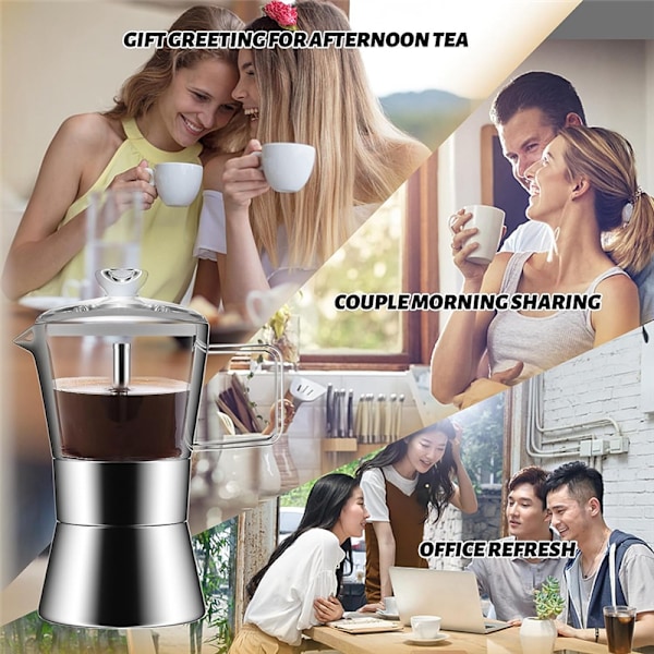 Moka-induktioliesi Espressokeitin, lasikantinen & ruostumattomasta teräksestä valmistettu Espresso Moka -kannu, klassinen italialainen kahvinkeitin, 240 ml