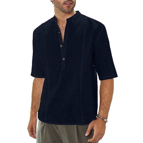 Herre sommer V-hals skjorter Halværmede skjorter Holiday Casual Toppe Navy Blue XL