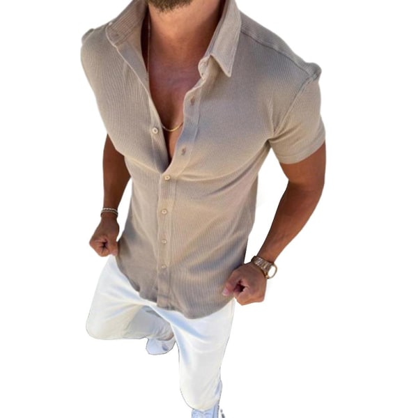Herreoverdele Button Up Shirt Kortærmede sommer Casual skjorter Khaki M