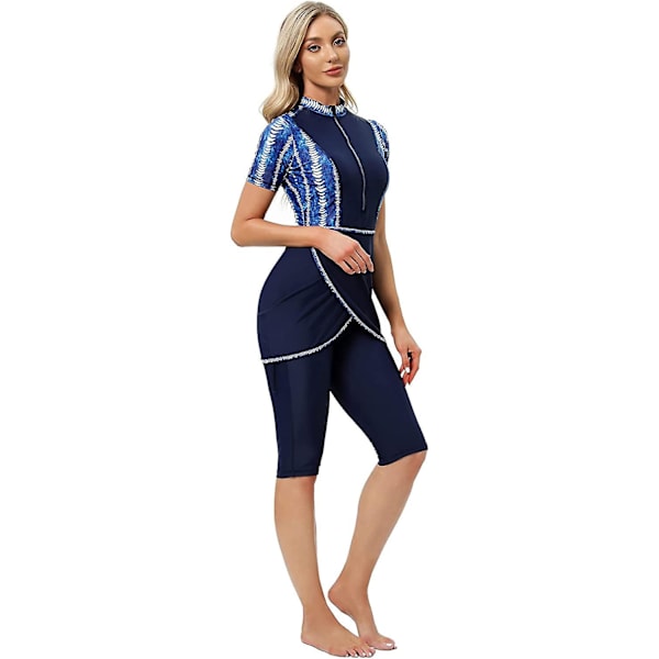 Kvinnor Modest Badkläder Islamisk Muslim Baddräkt Kortärmad Dragkedja Fram Top Shorts Byxor Hijab 3st Simdräkt S-4xl Tangrui Blue XXL