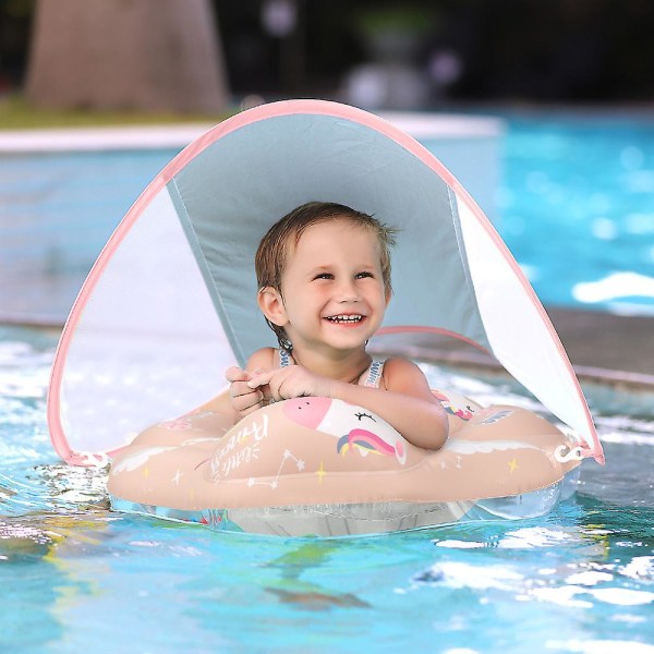 Baby svømmebasseng flyte med Upf50+ solbeskyttelse baldakin, Legg til hale Never Flip Oppblåsbar baby flyte for småbarn 3-48 måneder (rosa) S