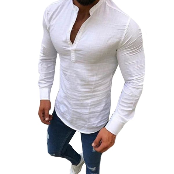 Herreoverdele V-hals skjorte Langærmet Henley skjorte White M