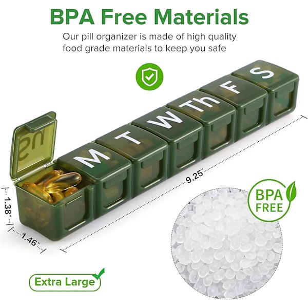2-pack Extra Stor Veckovis Pillerdosa, BPA-Fri Pillerlåda 7 Dagar Med XL-Fack För Fiskolja, Resevänlig Medicinorganisatör Pillerfodral För Dark Green