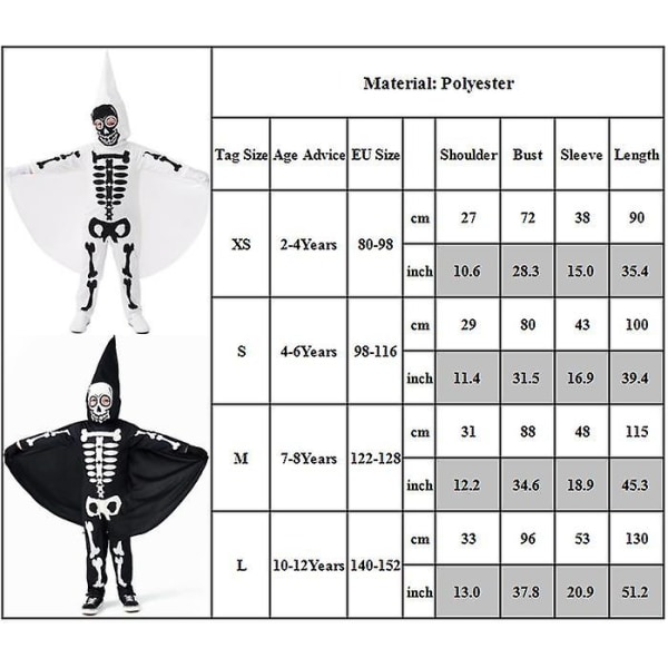 2-12 År Børne Halloween Party Skelet Cosplay Jumpsuit Med Maske Kostume Outfits Sæt Gaver-Hvid 10-12 Years