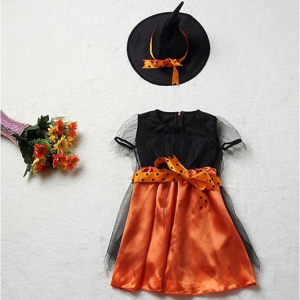 Häxkostym för flickor 4-13 år, klänning och hatt, Halloweenfestpresent - ORANGE 4-5 Years