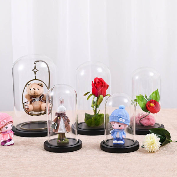 Sfäriska Glaskupoler Terrarieflaska med Träbas - Kreativ Visningsmonter för Miniatyrprydnader, Växter, Blommor och Fossil Black