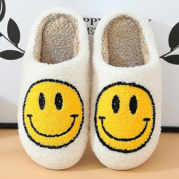 Retro Smilende Ansikt Myk Plysj Behagelig Varm Slip-on tøfler Kompatibel med par Vintervarme innendørsutstyr -ES 39-40 Yellow