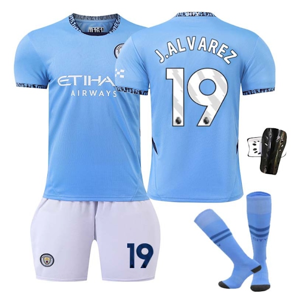 2425 Manchester City hjemmefotballdrakt Alvarez-drakt med sokker + verneutstyr 20(110-120cm)