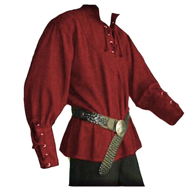 Herre middelaldersk retro piratkostyme Langermet bluse skjorte V-hals blonderskjorte topper Red 3XL