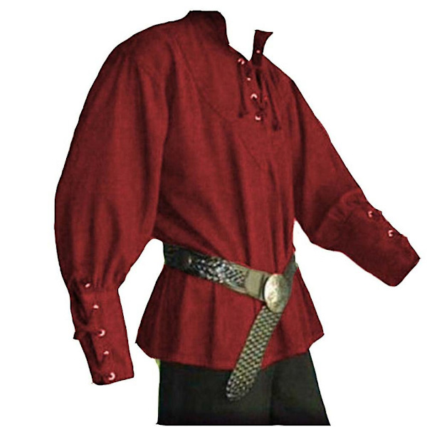 Mænds Middelalderlig Retro Pirat Kostume Langærmet Bluse Skjorte V-Hals Snøre Skjorte Topper Red 3XL