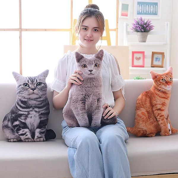 Kreativ 3D-simulerad kattkudde Plyschleksak Kattformad docka Söt Meow Födelsedagspresent -ES Grey cat